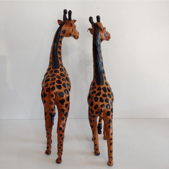 Vtg Set Of Hand Crafted Leather Wrapped Giraffe Figurines Statues 16" Glass Eye - Picture 4 of 13